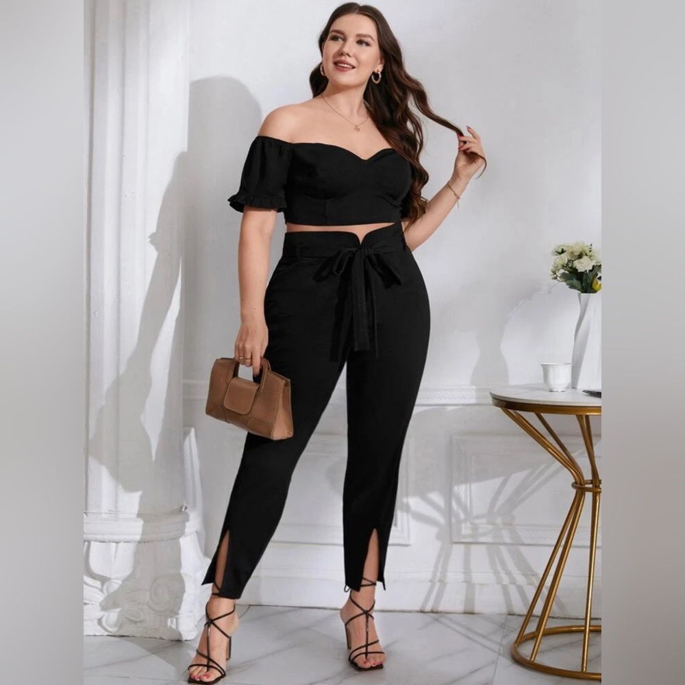 Plus size 16 black ruffle off the shoulder crop top & retro style pants set